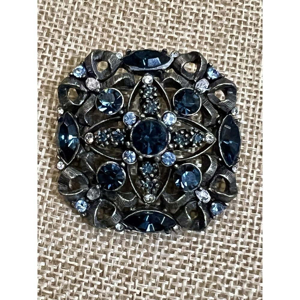 Vtg Sarah Coventry Blue Rhinestone Silver Filigree Brooch Pin 1.5" Gothic 90s